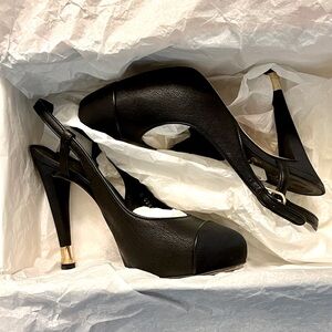 CHANEL Black Cap Toe Slingback Pumps Size 37.5